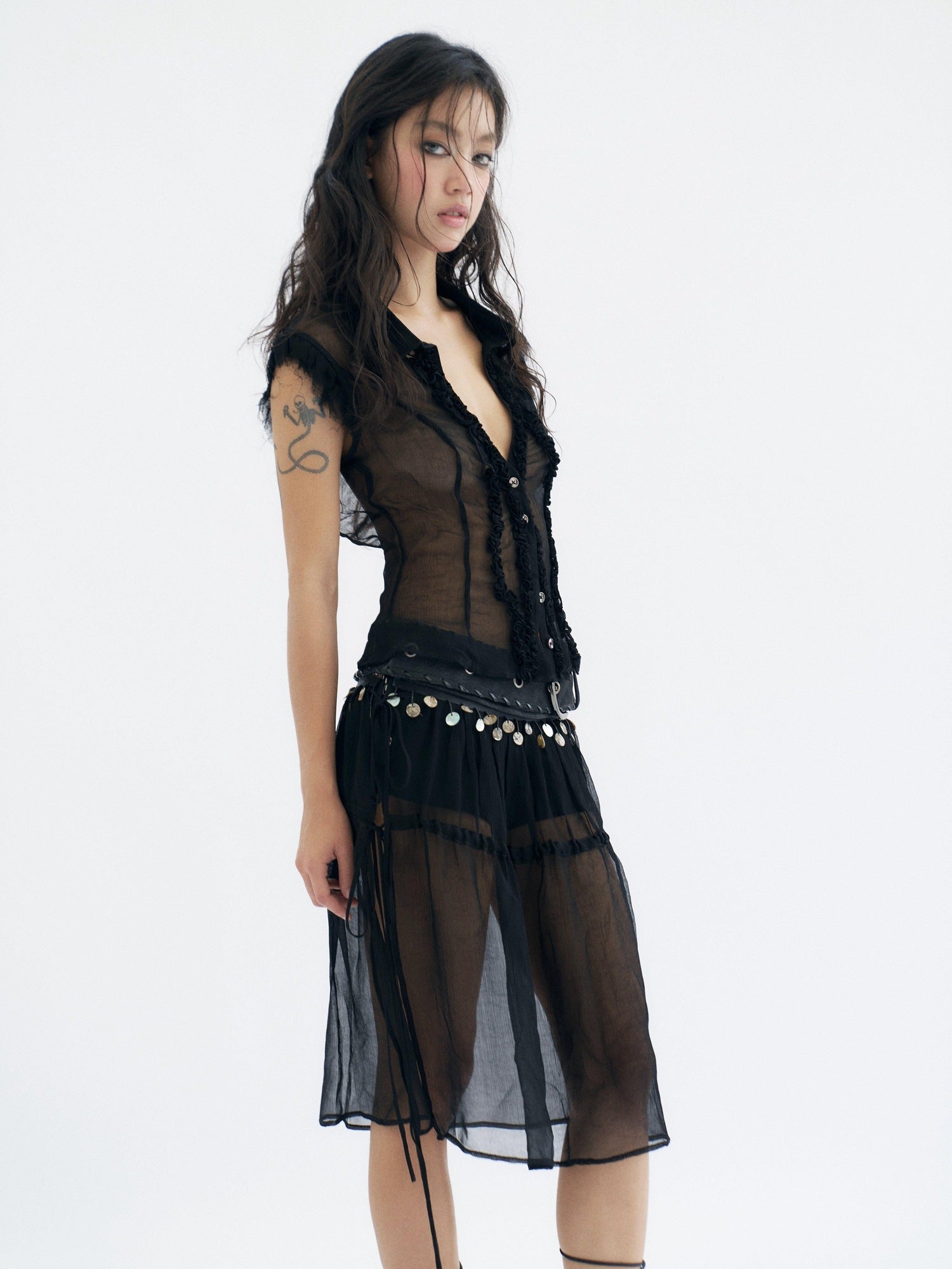 Flowers birds Market Cooling Original Slim Ruched Cutout Mesh Sleeveless Stand Collar Cupro Blouses