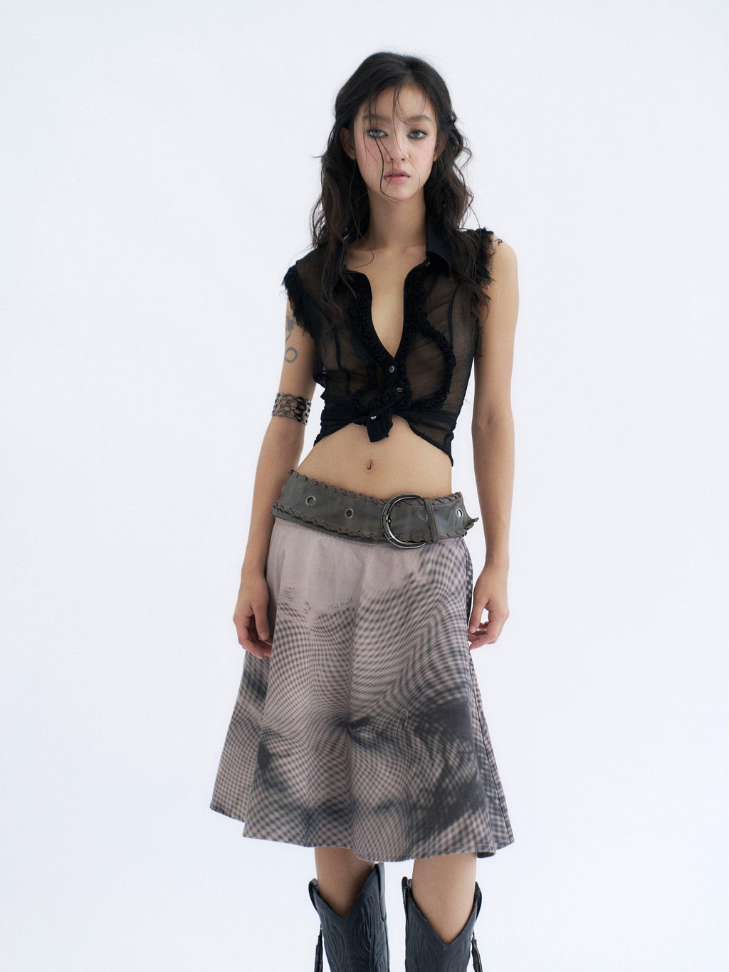 Flowers birds Market Cooling Original Slim Ruched Cutout Mesh Sleeveless Stand Collar Cupro Blouses