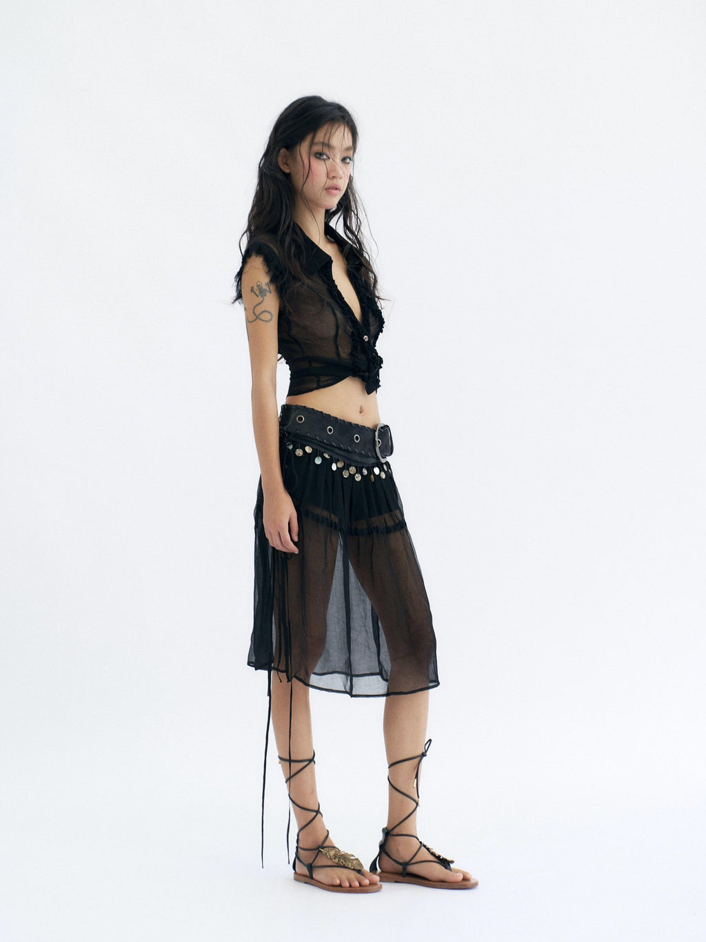 Flowers birds Market Cooling Original Slim Ruched Cutout Mesh Sleeveless Stand Collar Cupro Blouses
