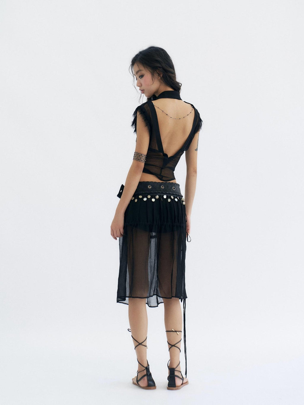 Flowers birds Market Cooling Original Slim Ruched Cutout Mesh Sleeveless Stand Collar Cupro Blouses