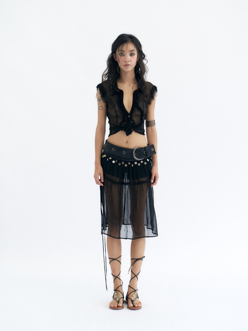 Flowers birds Market Cooling Original Slim Ruched Cutout Mesh Sleeveless Stand Collar Cupro Blouses