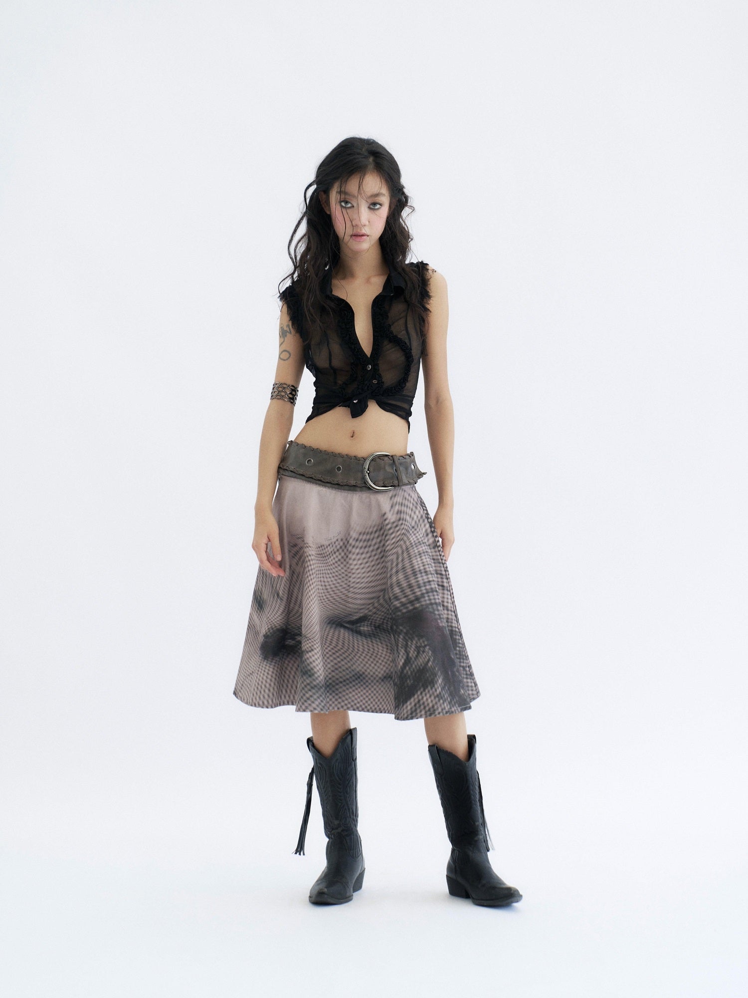 Flowers birds Market Cooling Original Slim Ruched Cutout Mesh Sleeveless Stand Collar Cupro Blouses