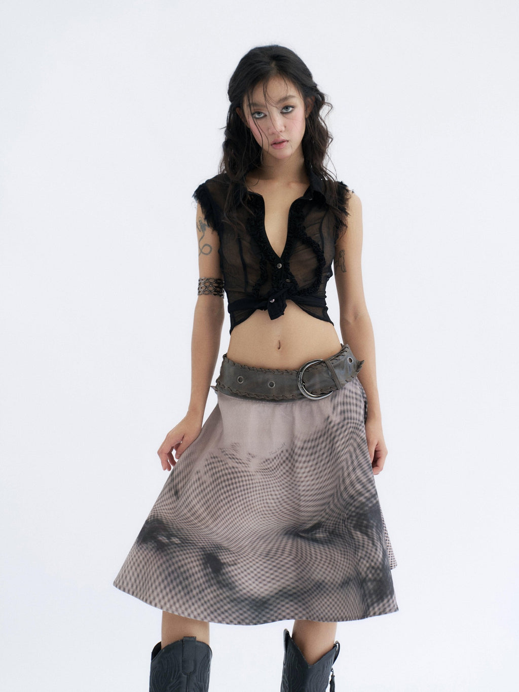 Flowers birds Market Cooling Original Slim Ruched Cutout Mesh Sleeveless Stand Collar Cupro Blouses