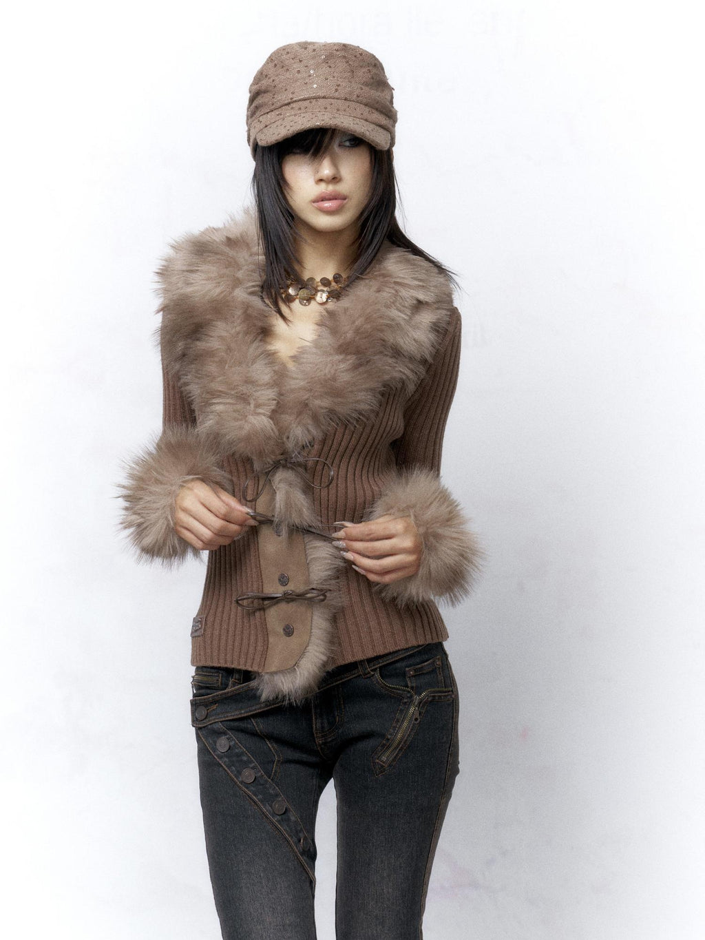 Flowers birds Market Cozy Warm Faux Fur Collar Button Front Cotton Blend Women Cardigans