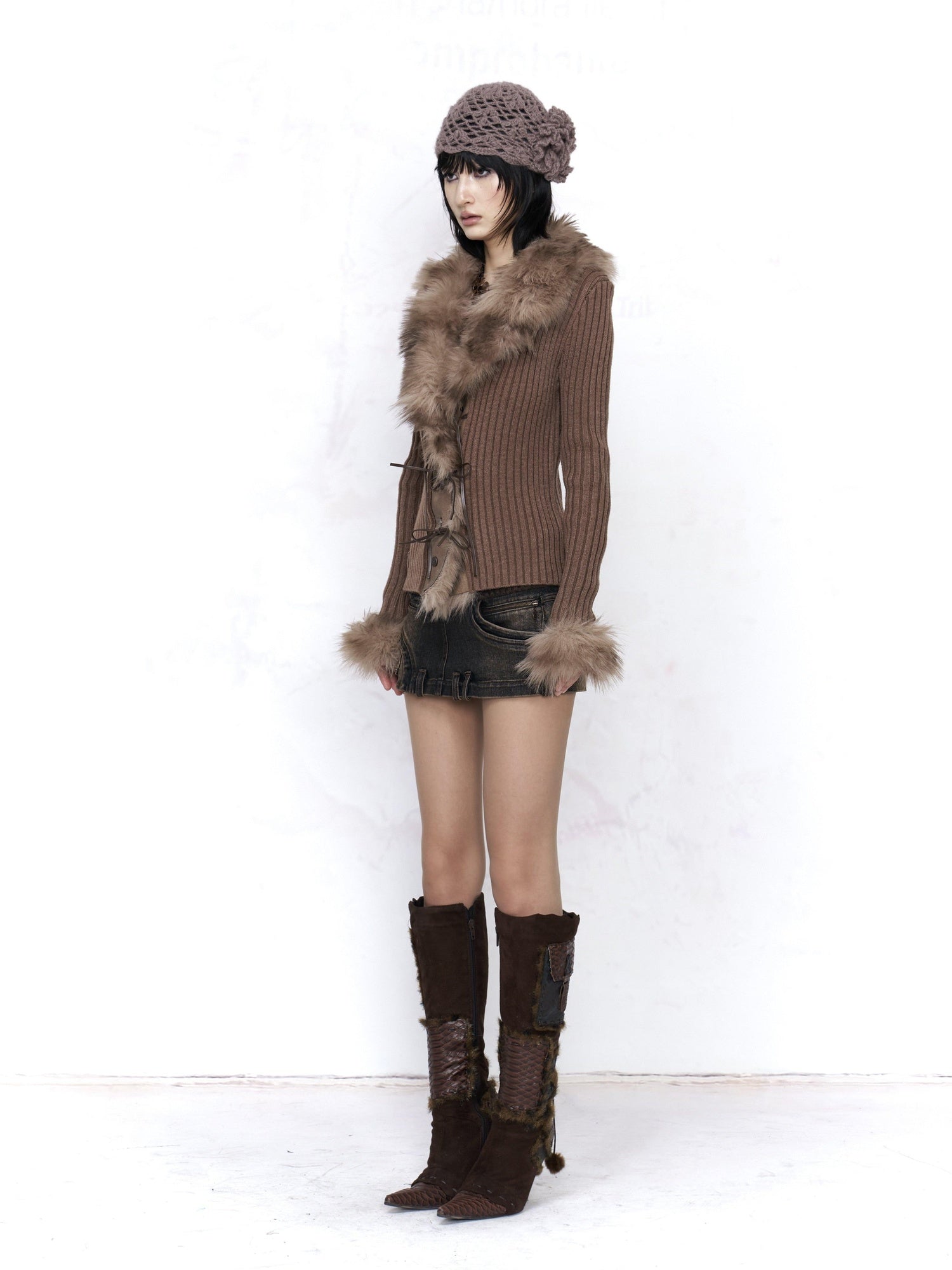Flowers birds Market Cozy Warm Faux Fur Collar Button Front Cotton Blend Women Cardigans