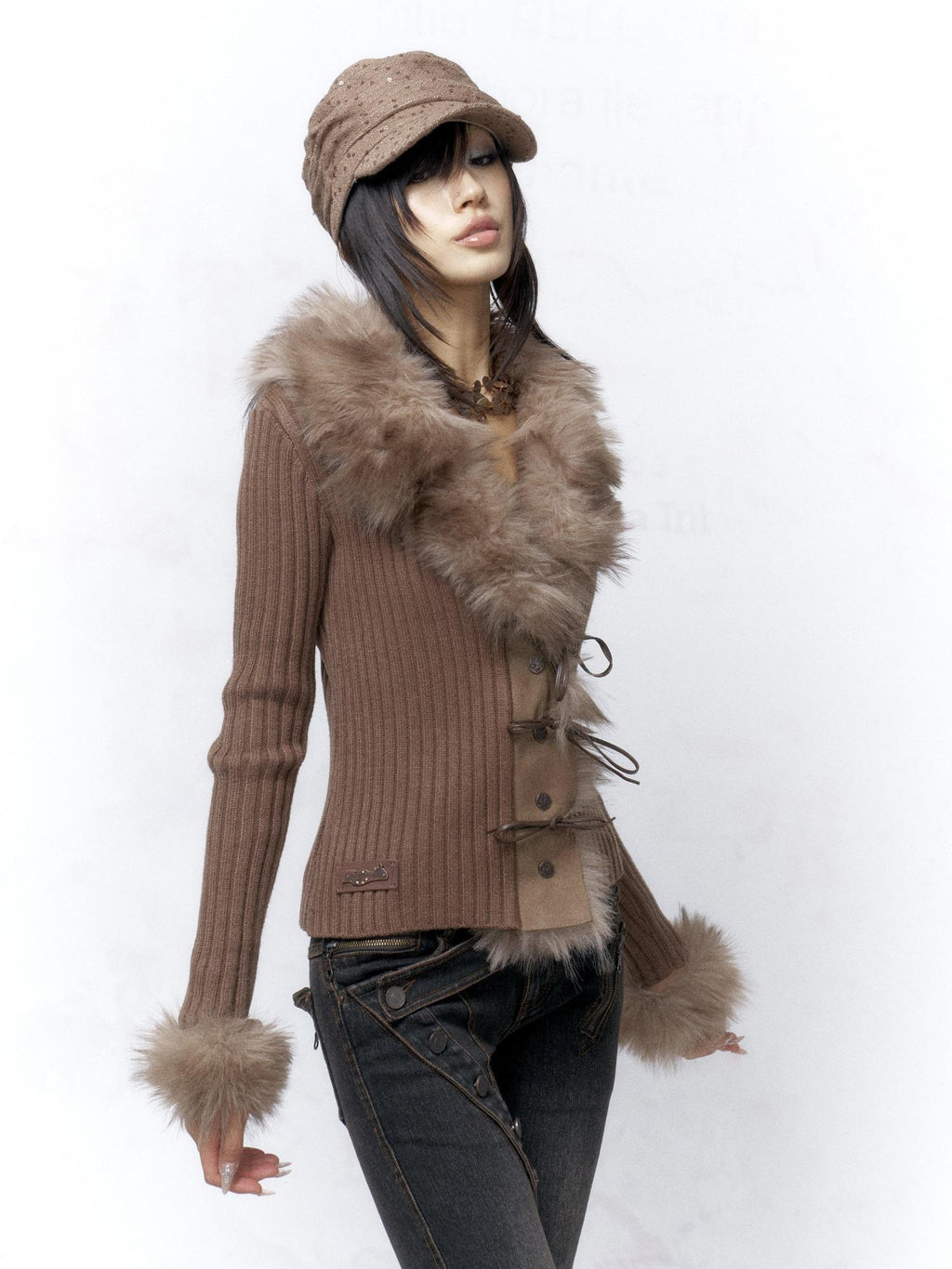 Flowers birds Market Cozy Warm Faux Fur Collar Button Front Cotton Blend Women Cardigans