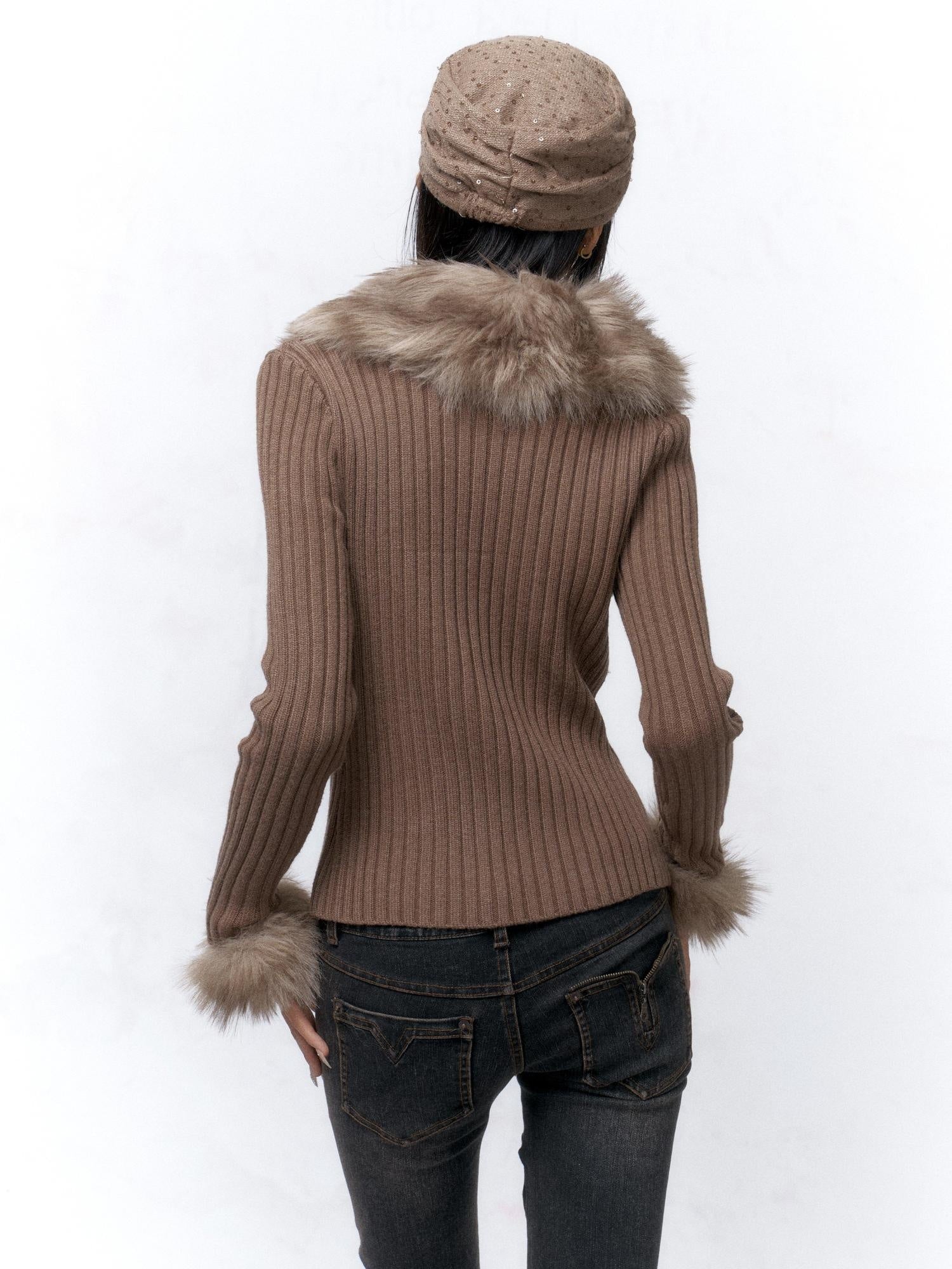 Flowers birds Market Cozy Warm Faux Fur Collar Button Front Cotton Blend Women Cardigans