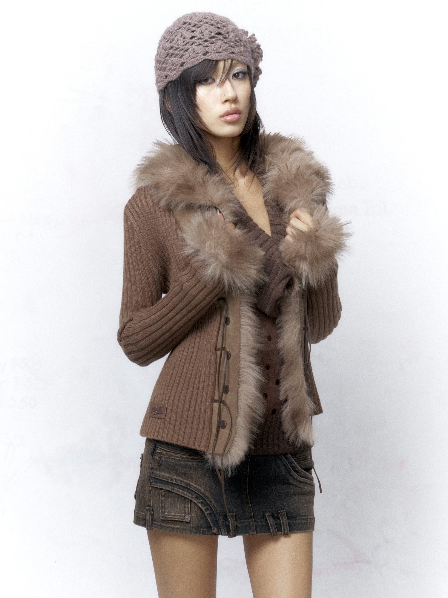 Flowers birds Market Cozy Warm Faux Fur Collar Button Front Cotton Blend Women Cardigans