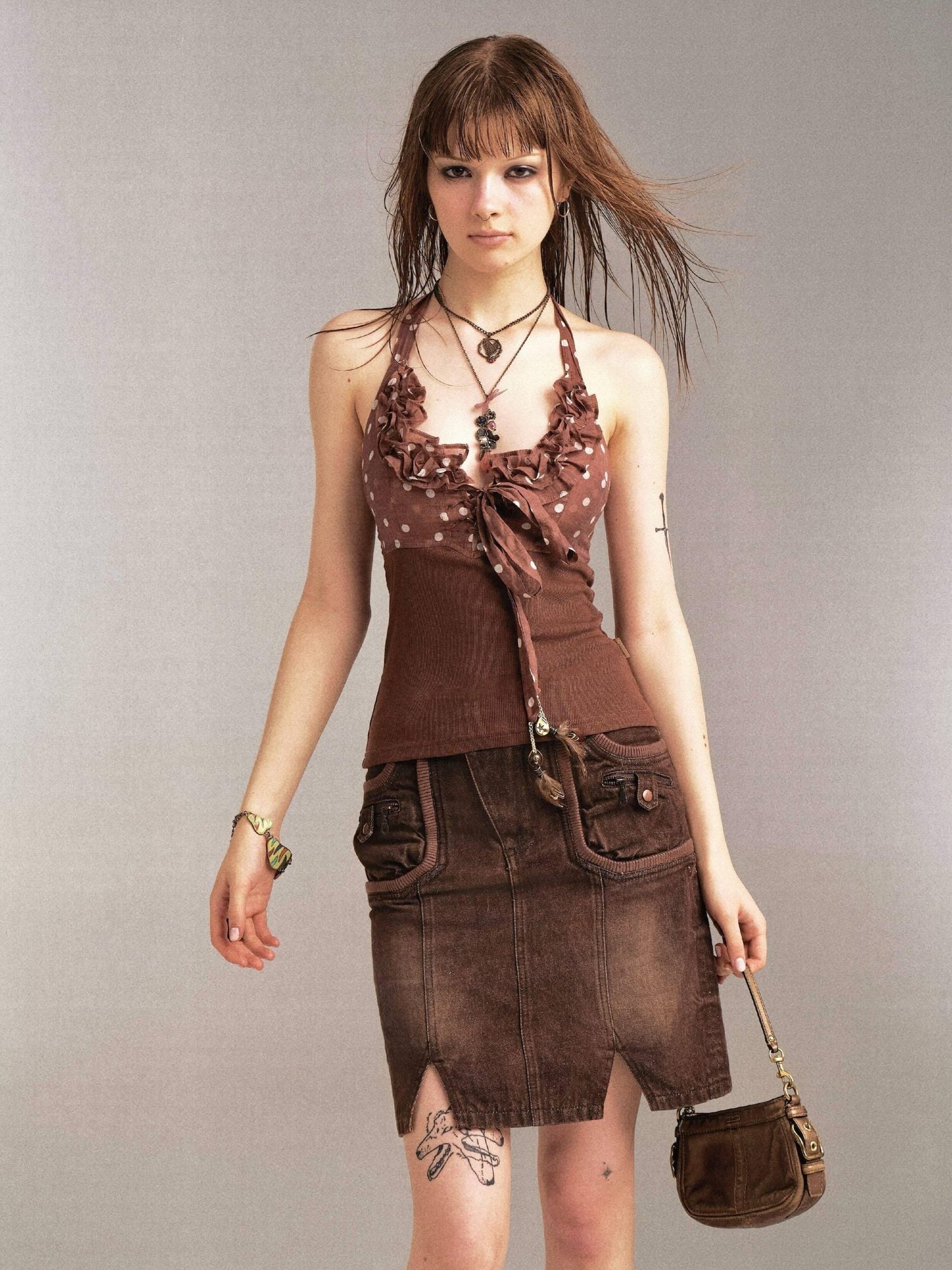 Flowers birds Market Dark Grunge Patchwork Washed Denim Mid Waist Casual Women Cotton Midi Skirts