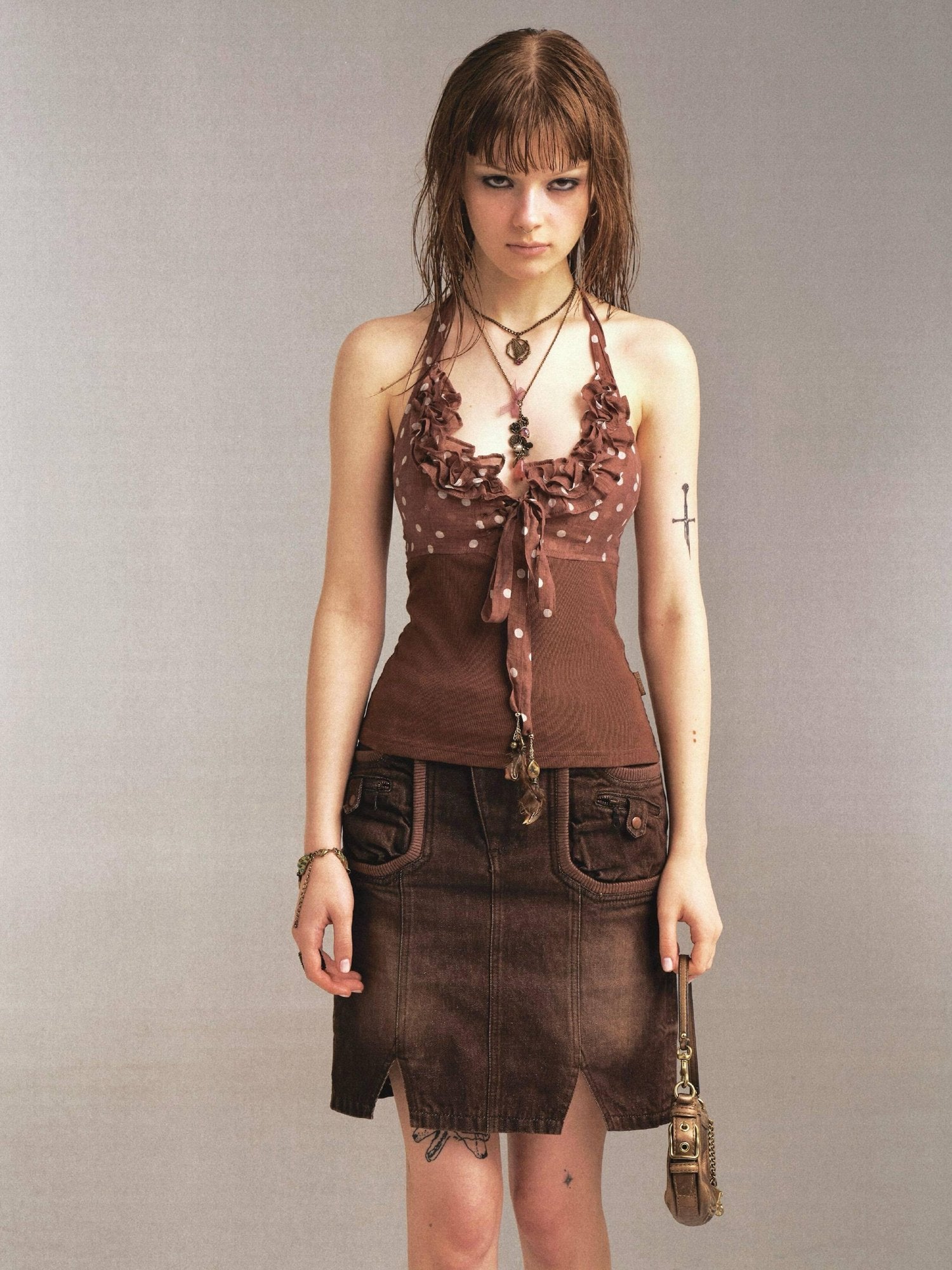 Flowers birds Market Dark Grunge Patchwork Washed Denim Mid Waist Casual Women Cotton Midi Skirts