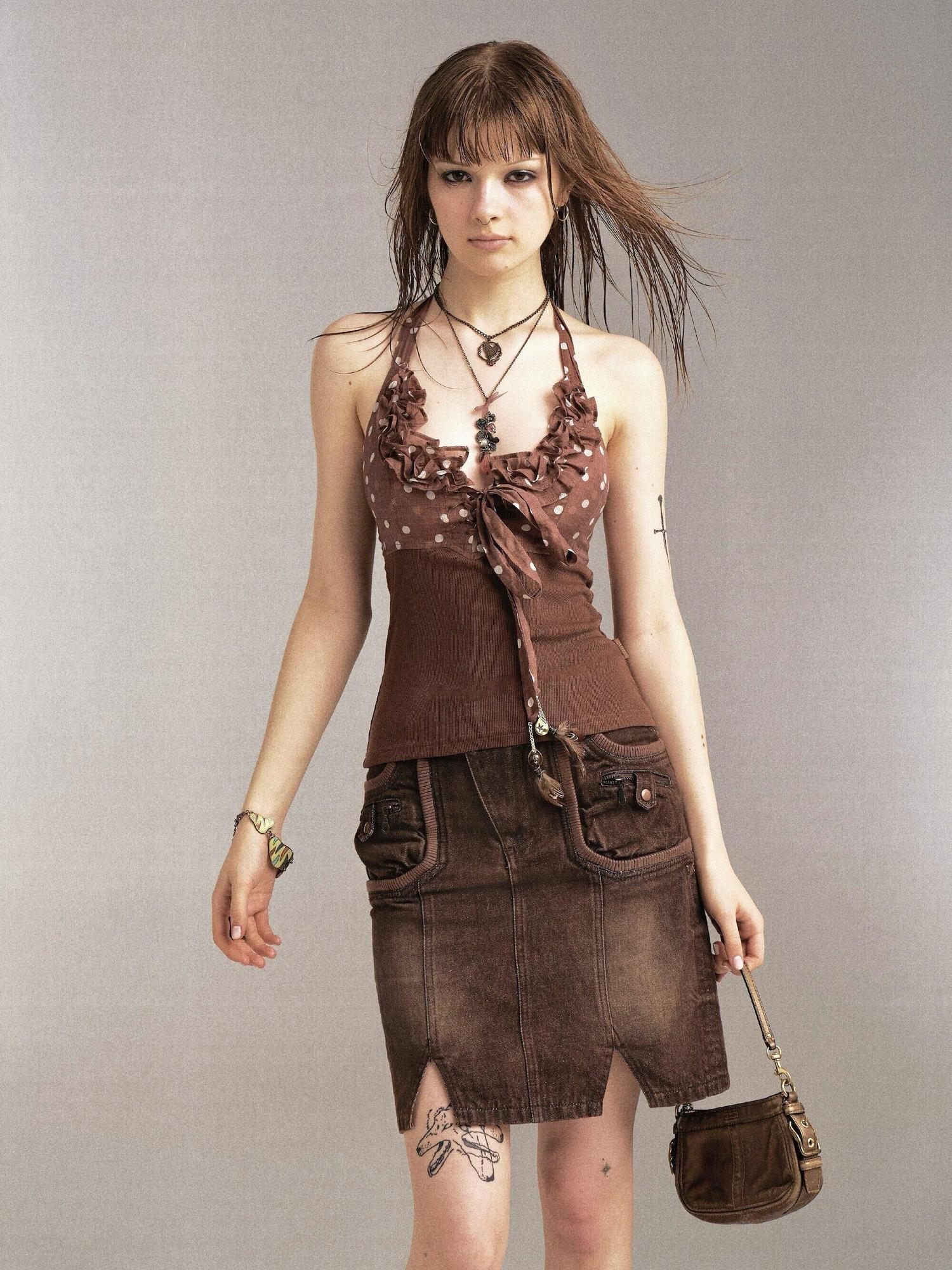 Flowers birds Market Dark Grunge Patchwork Washed Denim Mid Waist Casual Women Cotton Midi Skirts