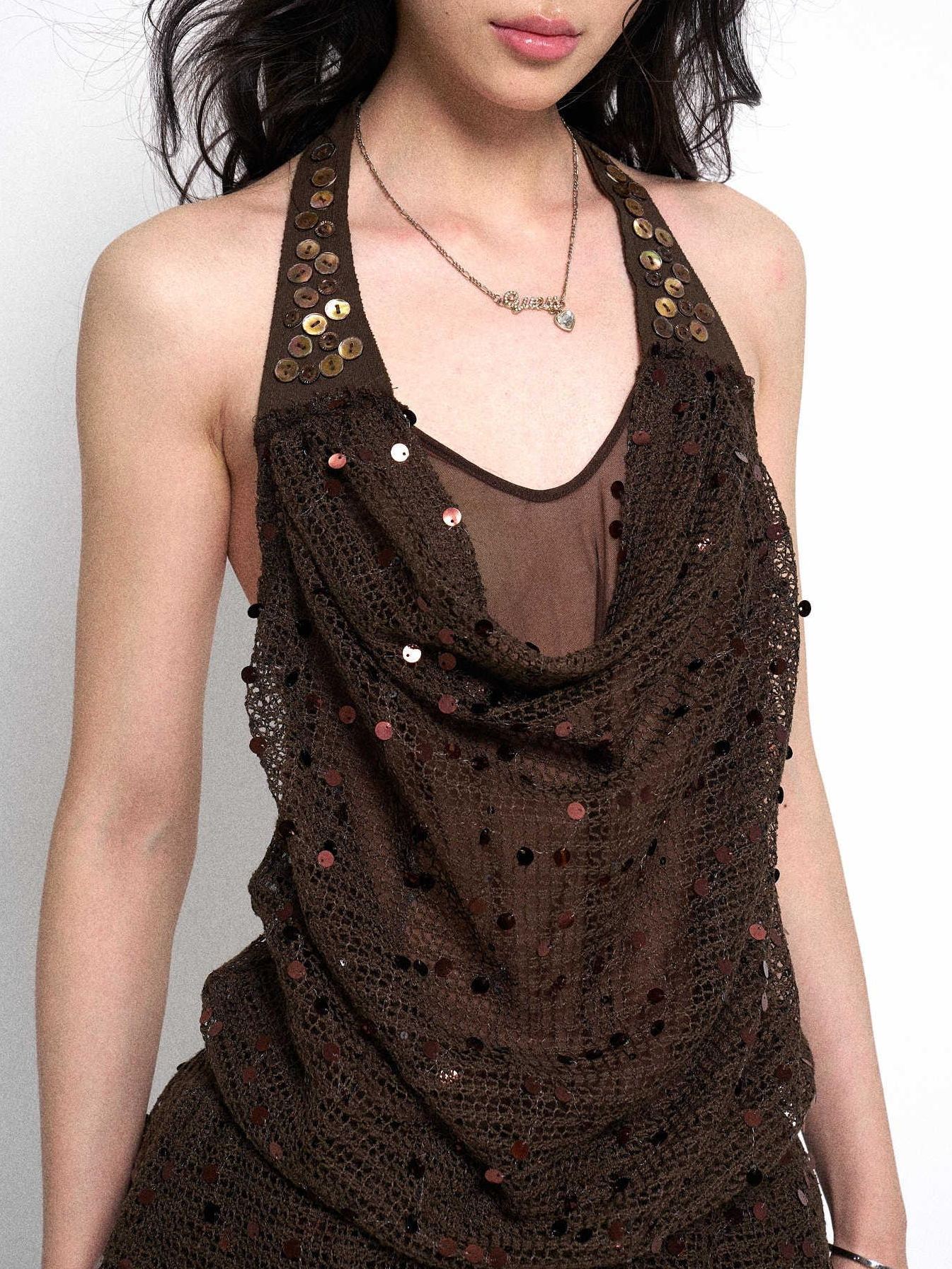 Flowers birds Market Elegant Halter Neck Natural Waist Sleeveless Polyester Brown Slip Mini Dresses