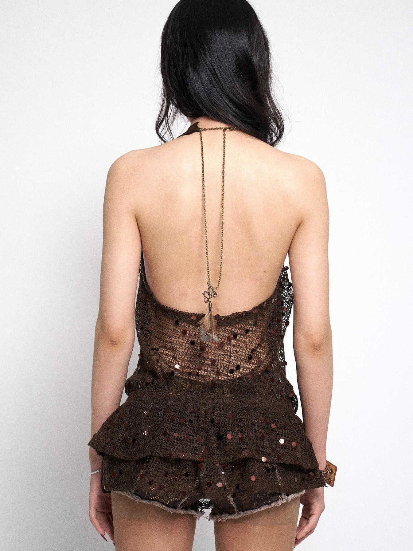 Flowers birds Market Elegant Halter Neck Natural Waist Sleeveless Polyester Brown Slip Mini Dresses
