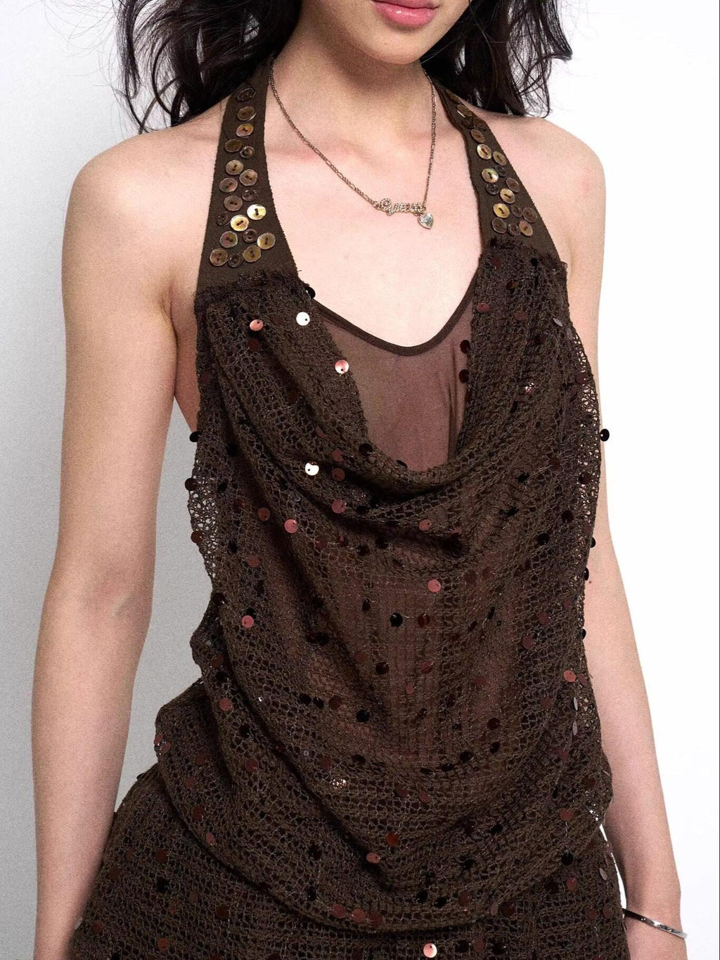 Flowers birds Market Elegant Halter Neck Natural Waist Sleeveless Polyester Brown Slip Mini Dresses