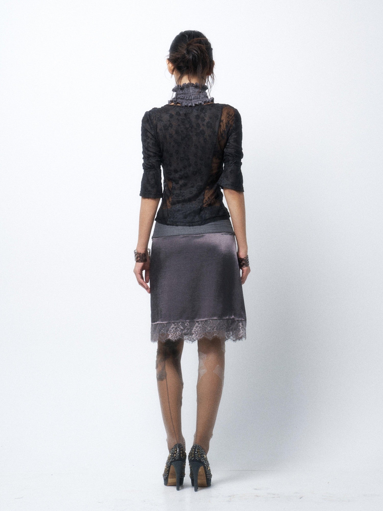 Flowers birds Market Elegant Lace Mid Waist H Silhouette Straight Fit Women Silver Gray Midi Skirts