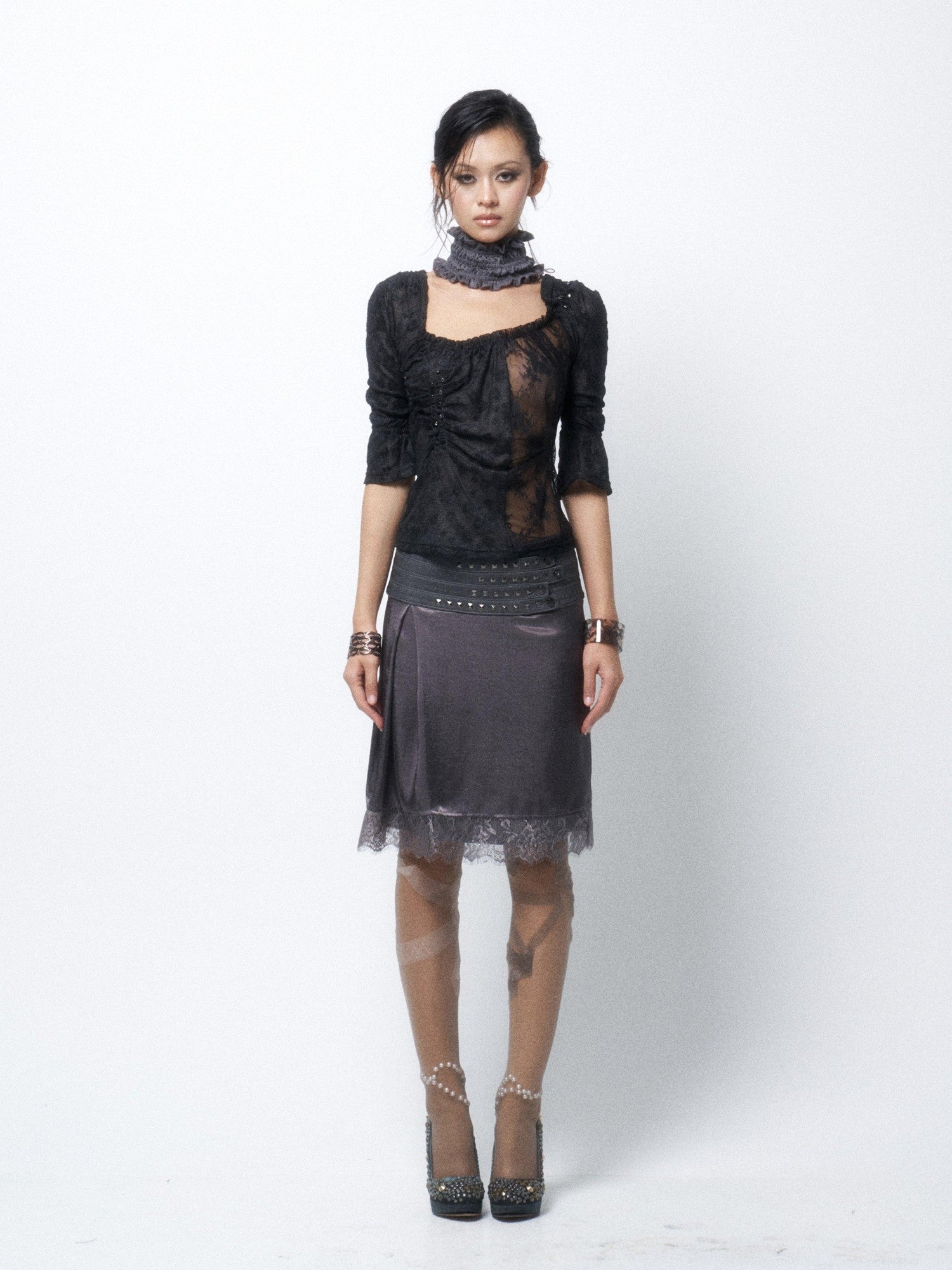 Flowers birds Market Elegant Lace Mid Waist H Silhouette Straight Fit Women Silver Gray Midi Skirts
