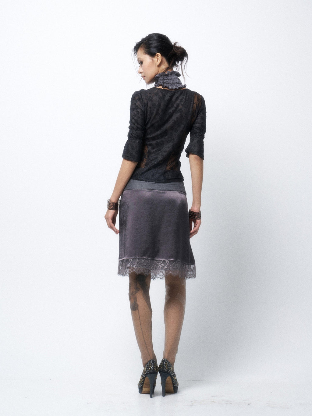 Flowers birds Market Elegant Lace Mid Waist H Silhouette Straight Fit Women Silver Gray Midi Skirts