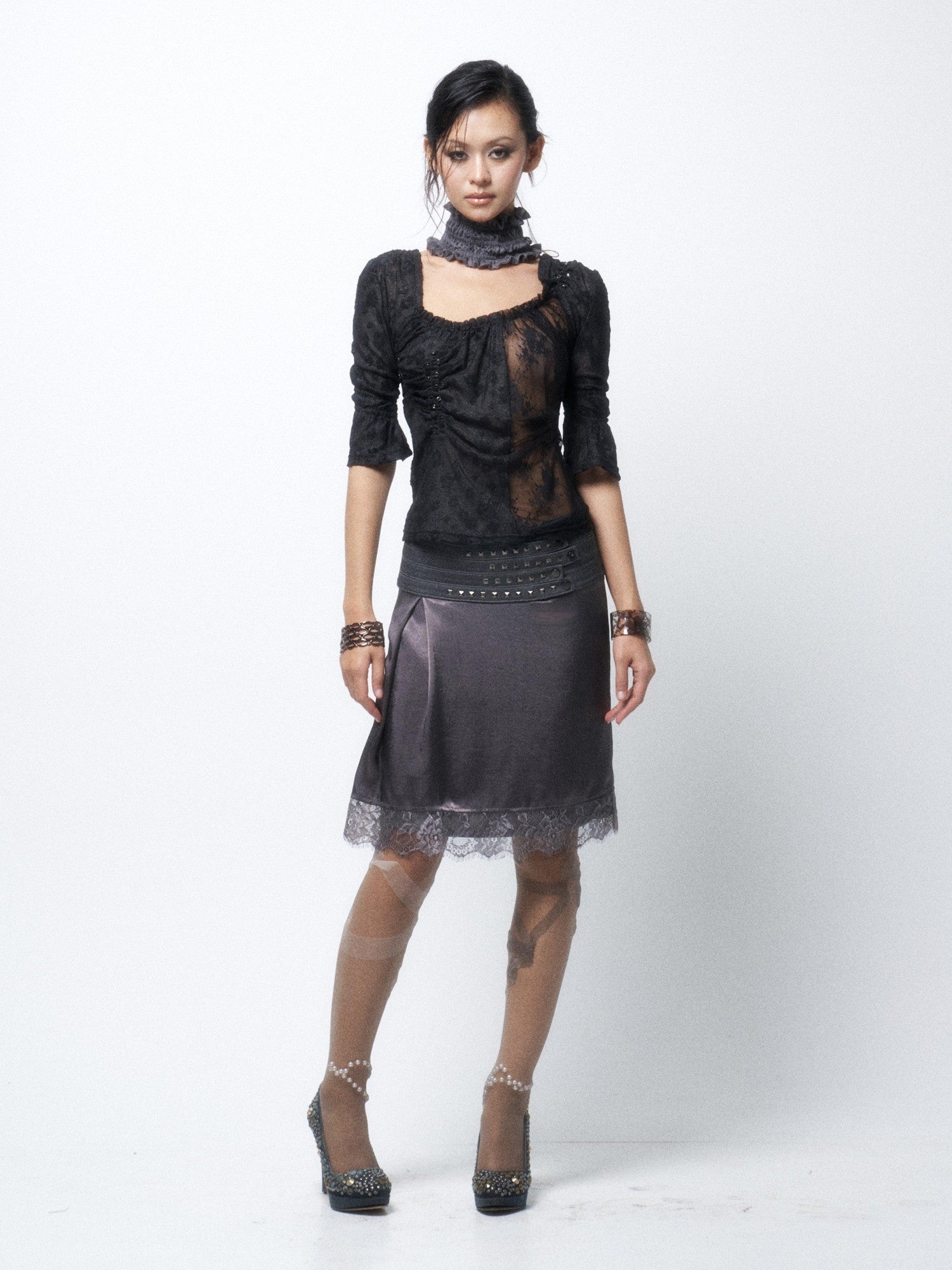 Flowers birds Market Elegant Lace Mid Waist H Silhouette Straight Fit Women Silver Gray Midi Skirts