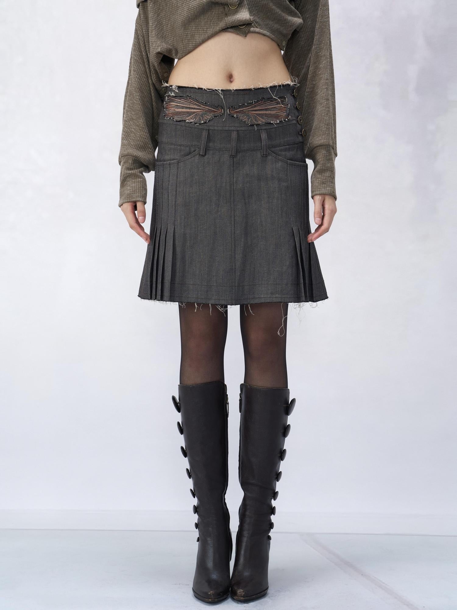 Flowers birds Market Embroidered Cotton Pleated Mid Waist Slim Casual Gray Brown Midi Skirts