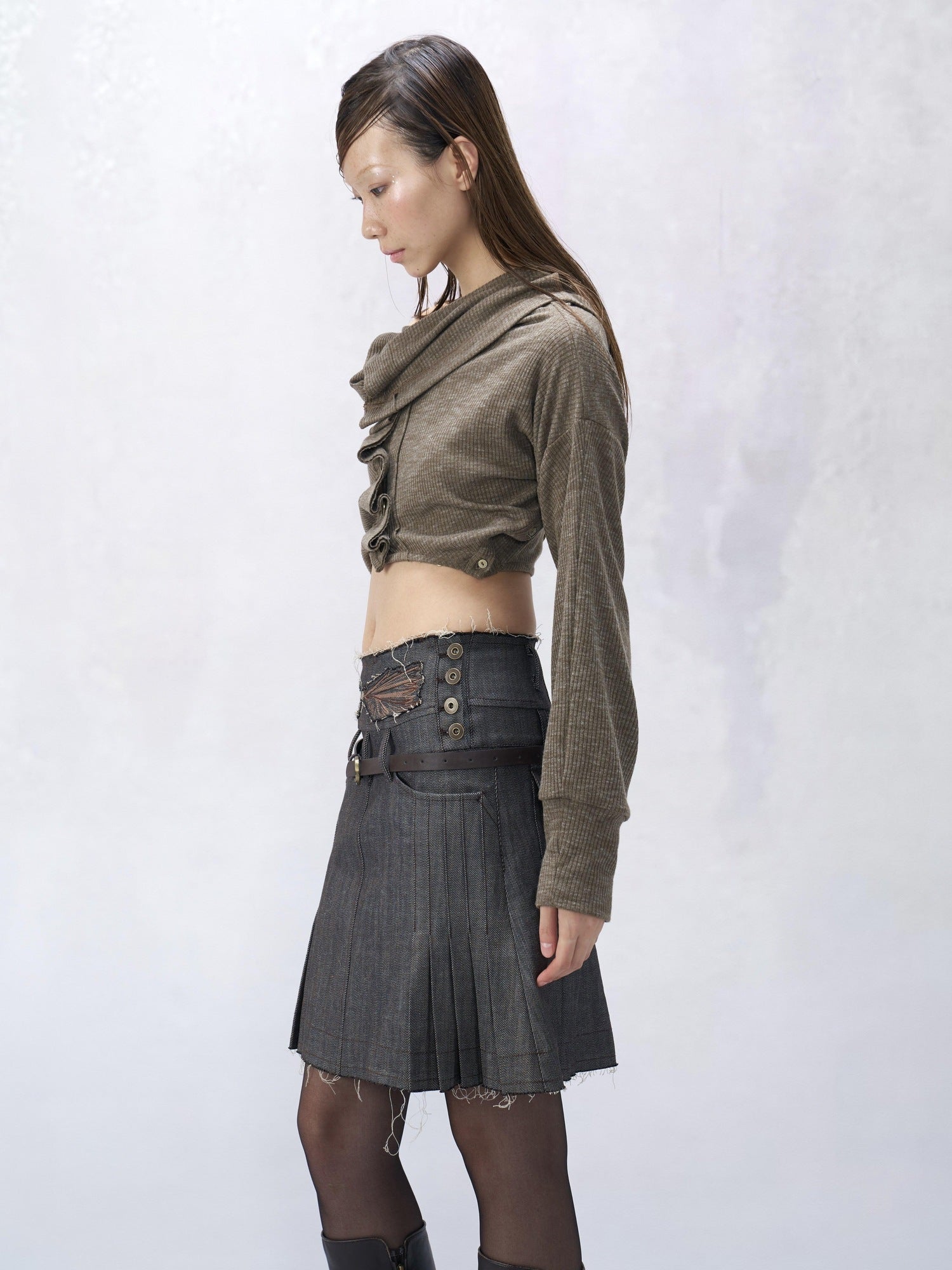 Flowers birds Market Embroidered Cotton Pleated Mid Waist Slim Casual Gray Brown Midi Skirts