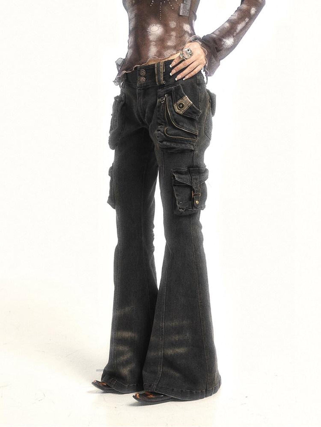 Flowers birds Market Figure Flattering Slim Low Rise Retro Smoky Black Cotton Stretch Flare Jeans