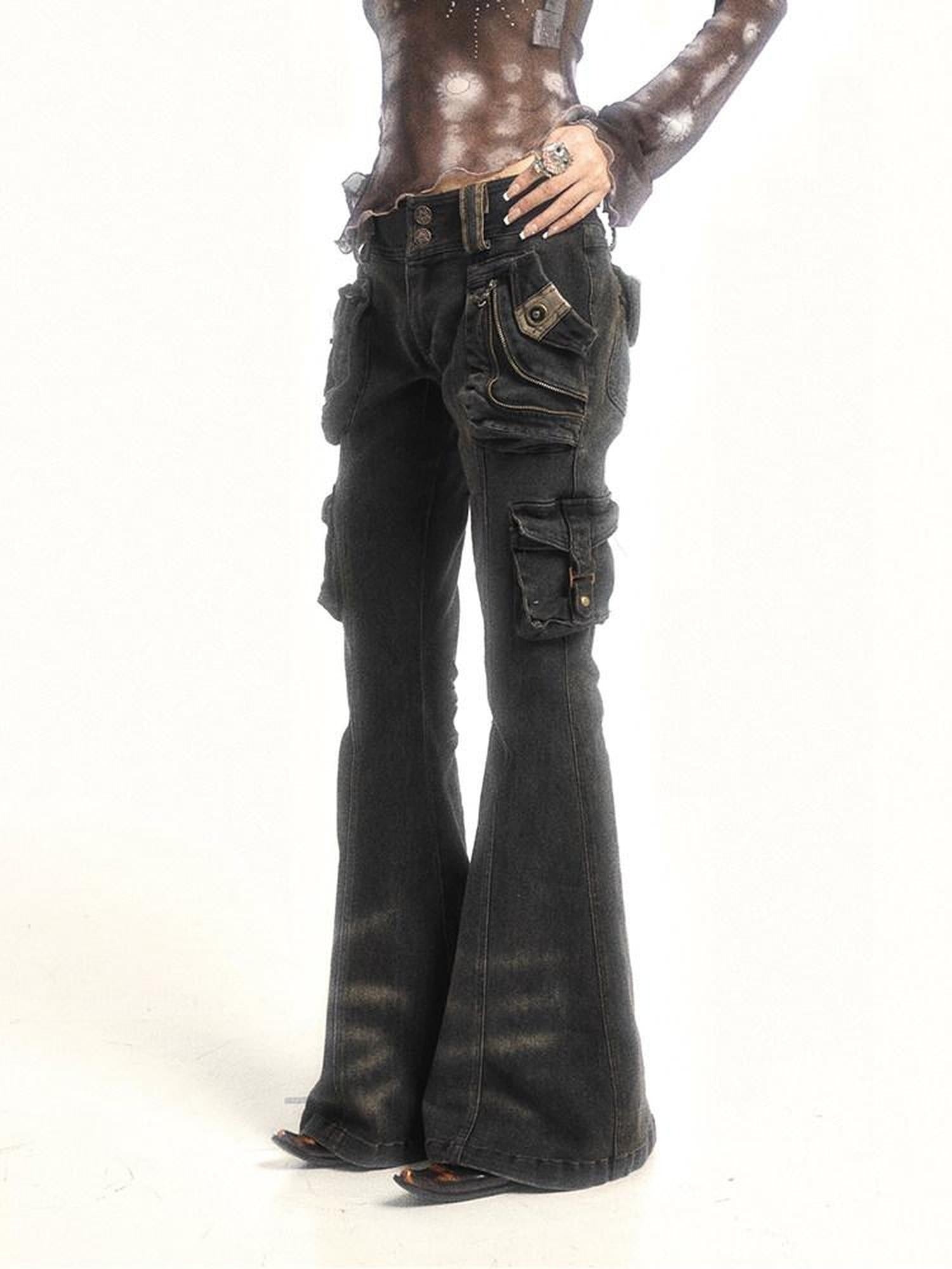 Flowers birds Market Figure Flattering Slim Low Rise Retro Smoky Black Cotton Stretch Flare Jeans