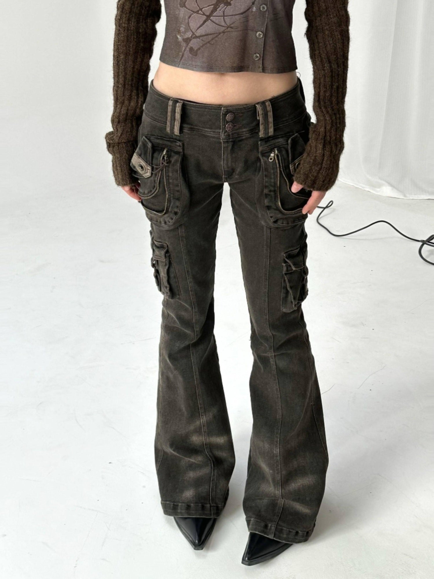 Flowers birds Market Figure Flattering Slim Low Rise Retro Smoky Black Cotton Stretch Flare Jeans