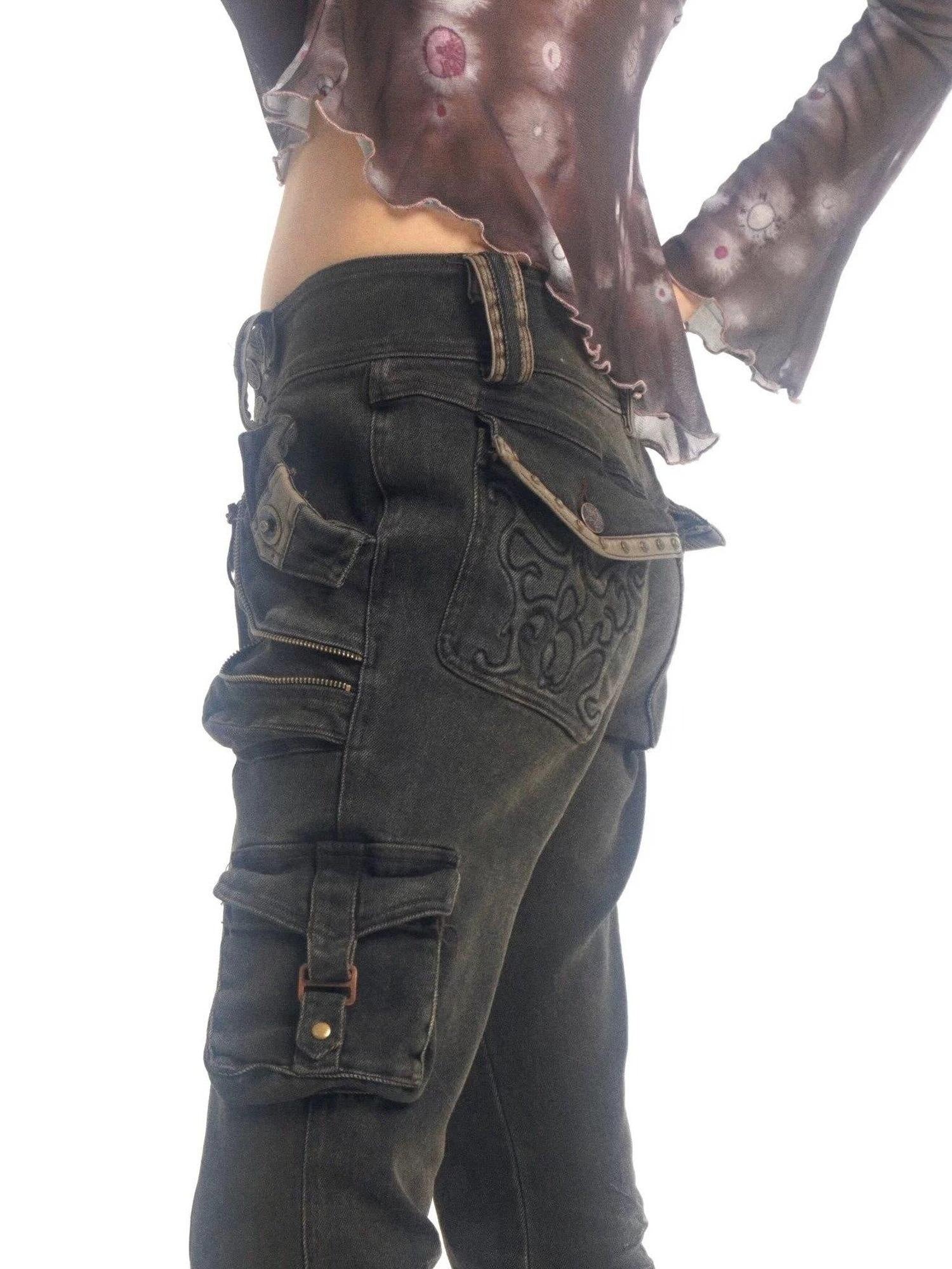 Flowers birds Market Figure Flattering Slim Low Rise Retro Smoky Black Cotton Stretch Flare Jeans