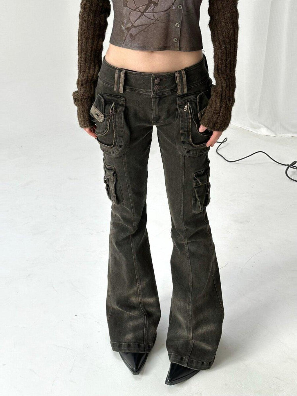 Flowers birds Market Figure Flattering Slim Low Rise Retro Smoky Black Cotton Stretch Flare Jeans