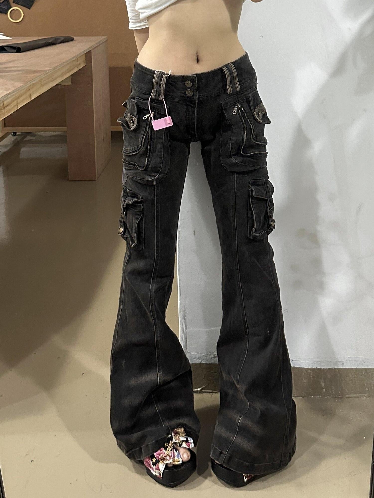 Flowers birds Market Figure Flattering Slim Low Rise Retro Smoky Black Cotton Stretch Flare Jeans