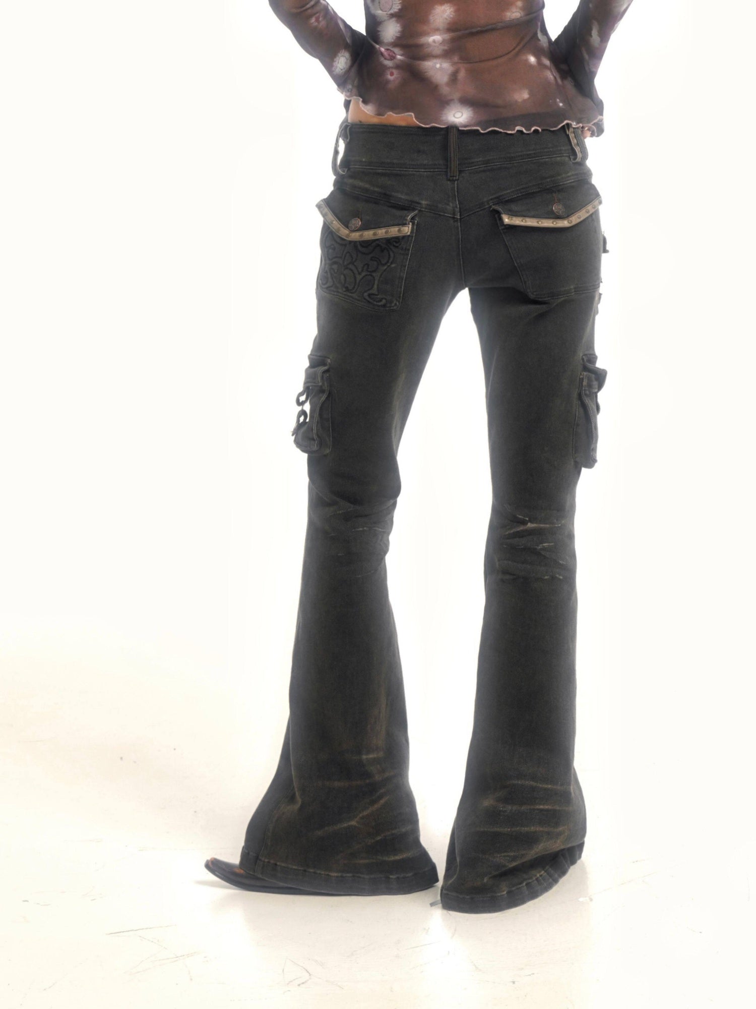 Flowers birds Market Figure Flattering Slim Low Rise Retro Smoky Black Cotton Stretch Flare Jeans