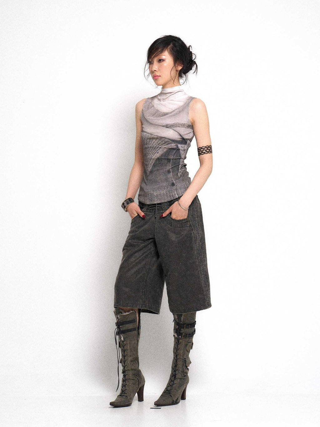 Flowers birds Market High Waist Tie Original Wide Leg Women Charcoal Pockets Denim Shorts