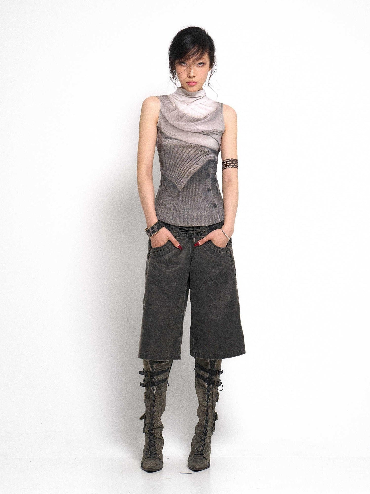 Flowers birds Market High Waist Tie Original Wide Leg Women Charcoal Pockets Denim Shorts