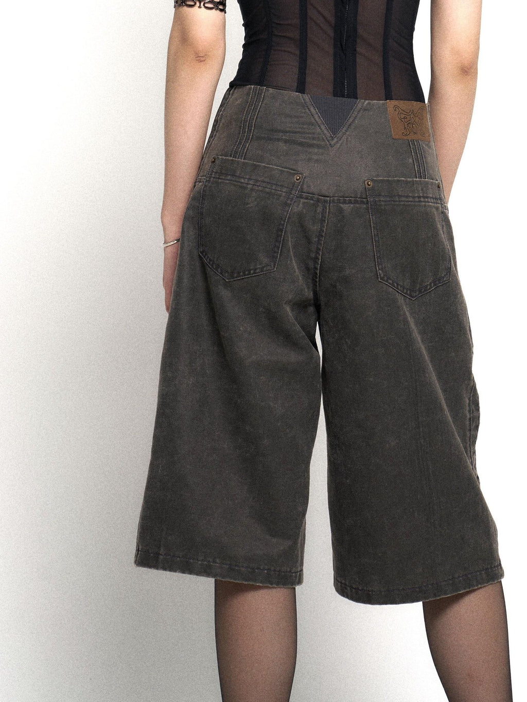 Flowers birds Market High Waist Tie Original Wide Leg Women Charcoal Pockets Denim Shorts
