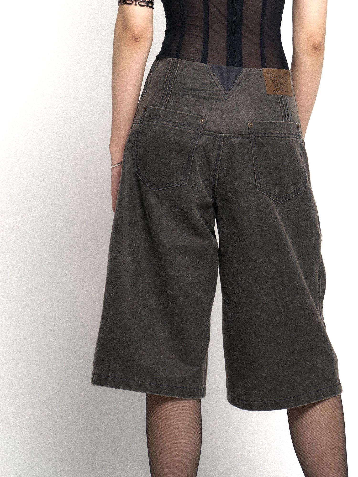 Flowers birds Market High Waist Tie Original Wide Leg Women Charcoal Pockets Denim Shorts