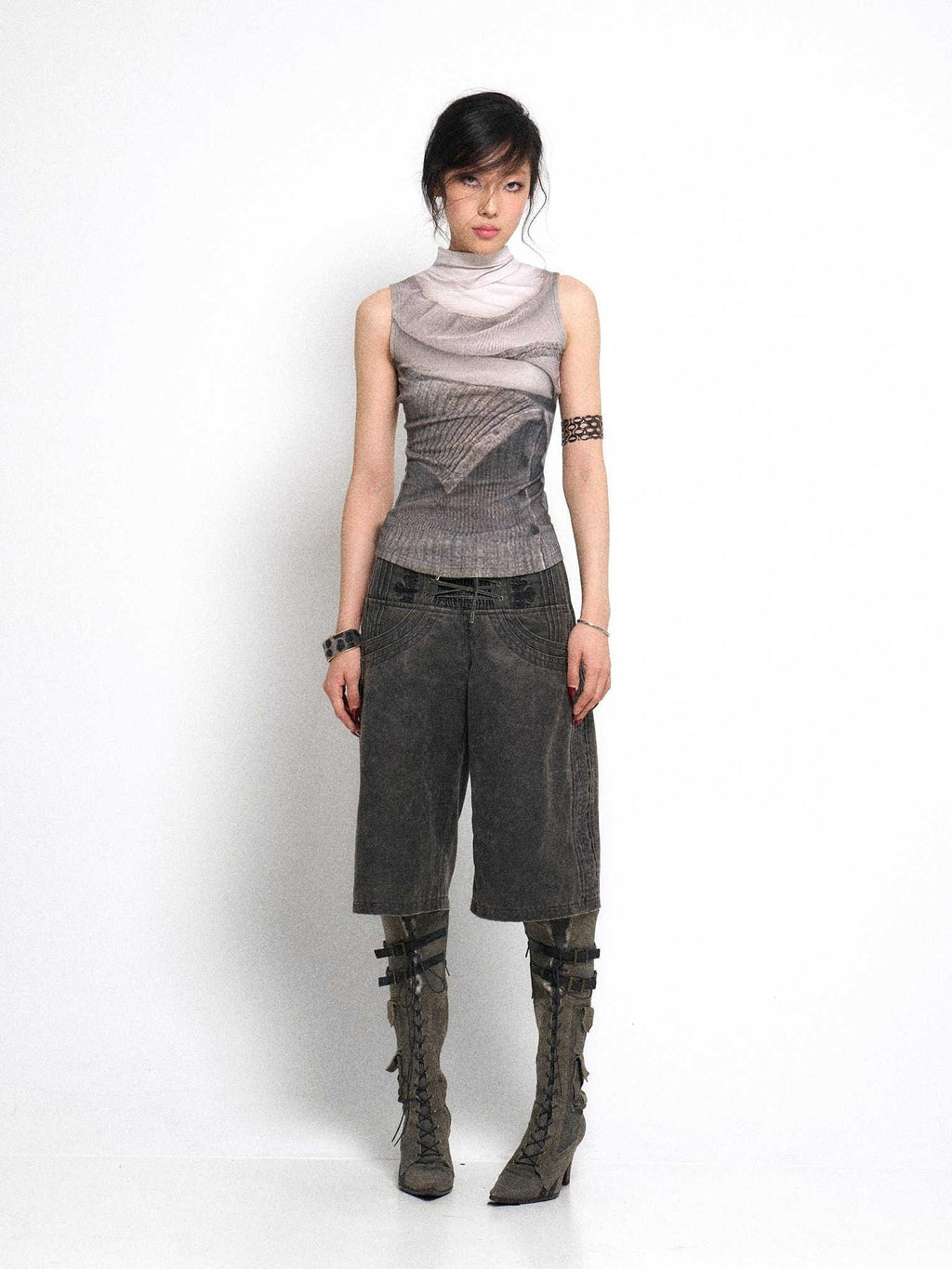 Flowers birds Market High Waist Tie Original Wide Leg Women Charcoal Pockets Denim Shorts