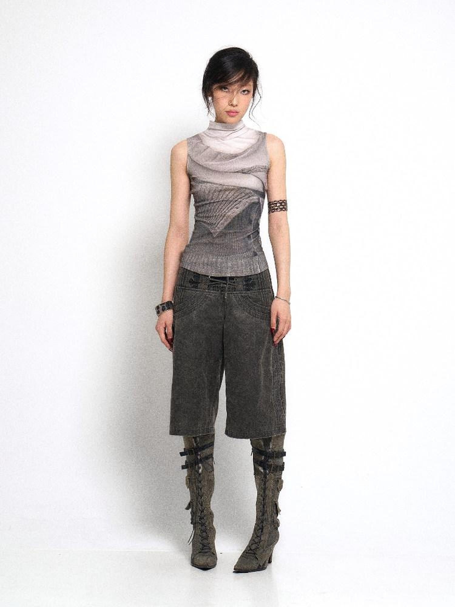 Flowers birds Market High Waist Tie Original Wide Leg Women Charcoal Pockets Denim Shorts