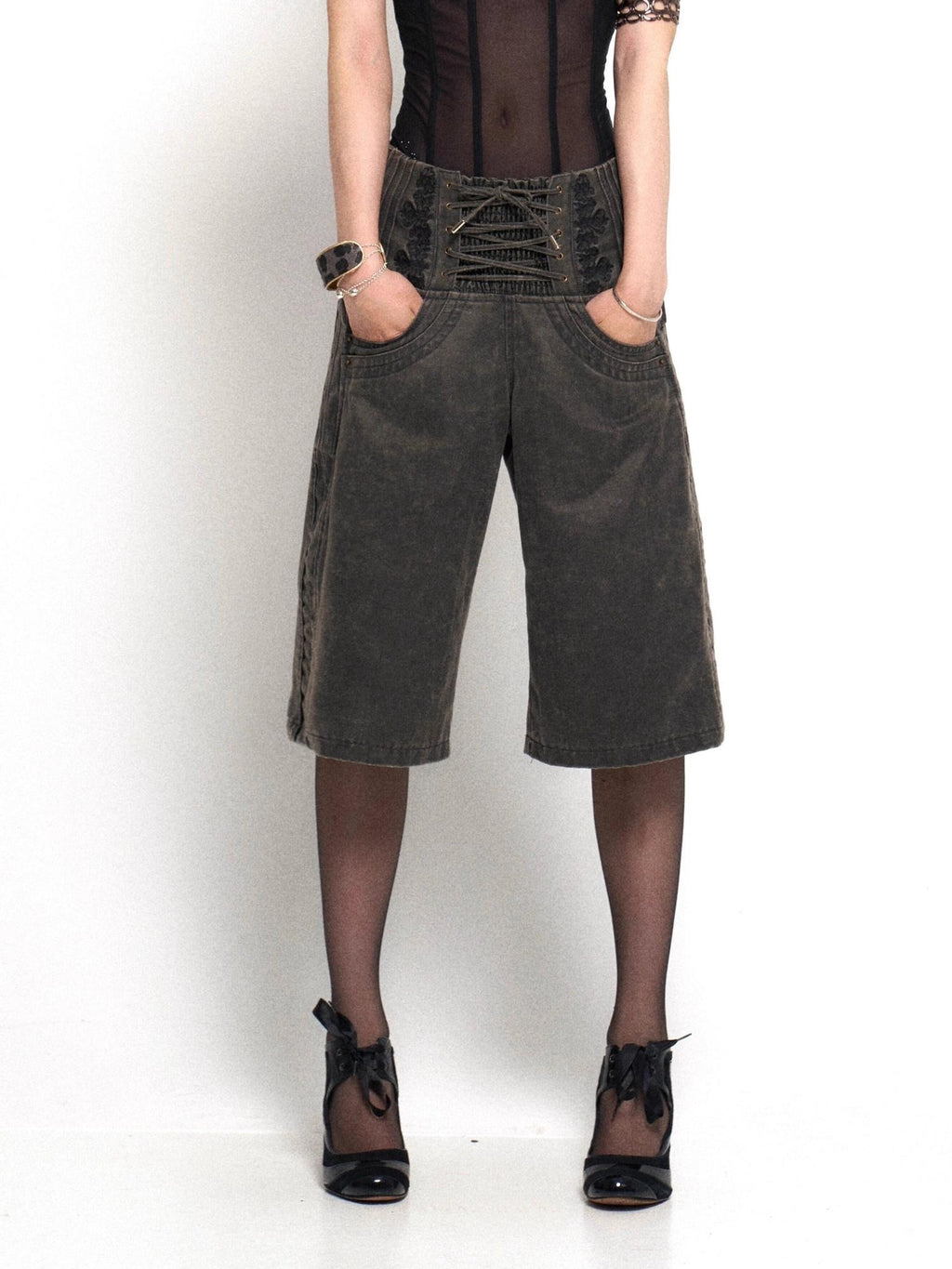 Flowers birds Market High Waist Tie Original Wide Leg Women Charcoal Pockets Denim Shorts
