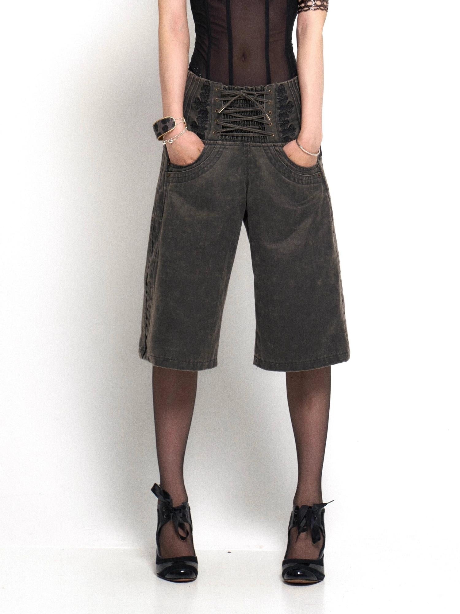 Flowers birds Market High Waist Tie Original Wide Leg Women Charcoal Pockets Denim Shorts