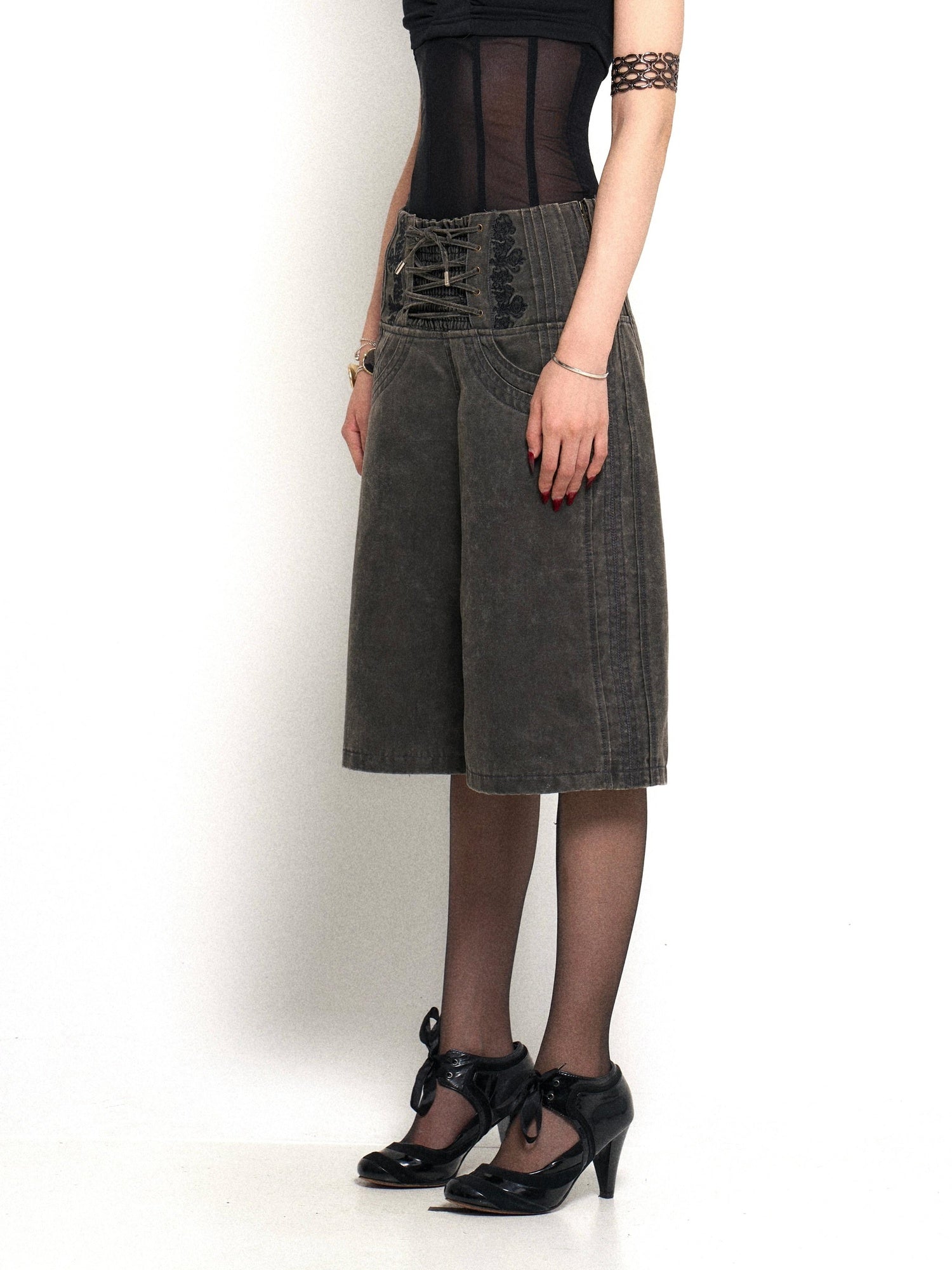 Flowers birds Market High Waist Tie Original Wide Leg Women Charcoal Pockets Denim Shorts