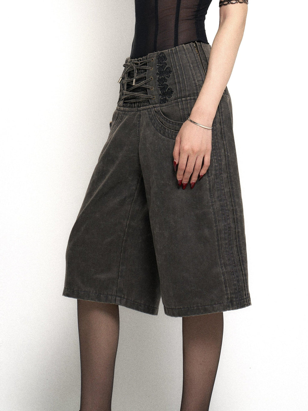 Flowers birds Market High Waist Tie Original Wide Leg Women Charcoal Pockets Denim Shorts