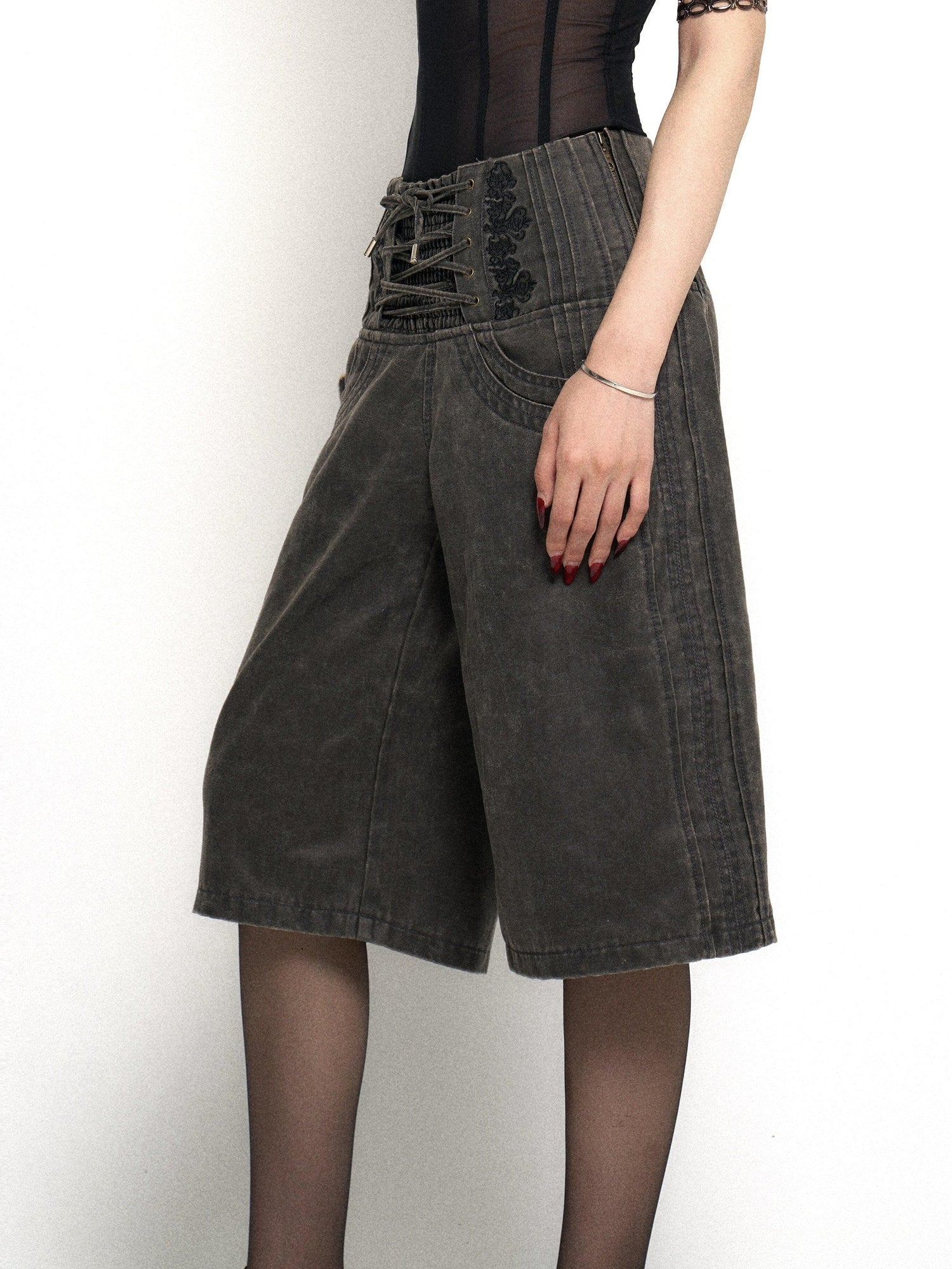 Flowers birds Market High Waist Tie Original Wide Leg Women Charcoal Pockets Denim Shorts