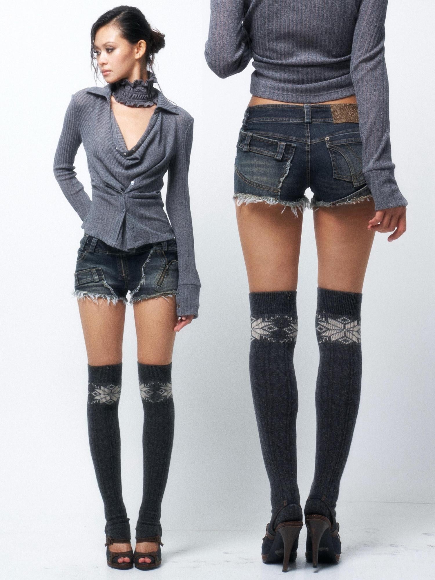Flowers birds Market High Waist Washed Slim Fit Slight Stretch Casual Blue Women Denim Shorts