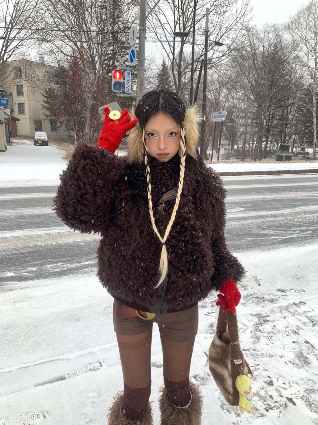 Flowers birds Market Insulated Sherpa Collar Warm Oversized Street Zip Front Women Puffer Jackets