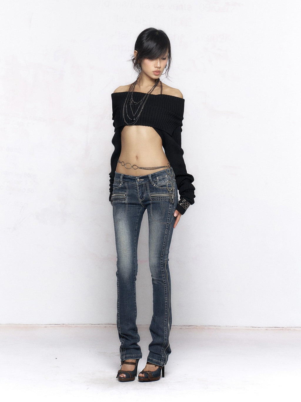 Flowers birds Market Medium Stretch Vintage Washed Slim Natural Waist Women Deep Indigo Skinny Jeans