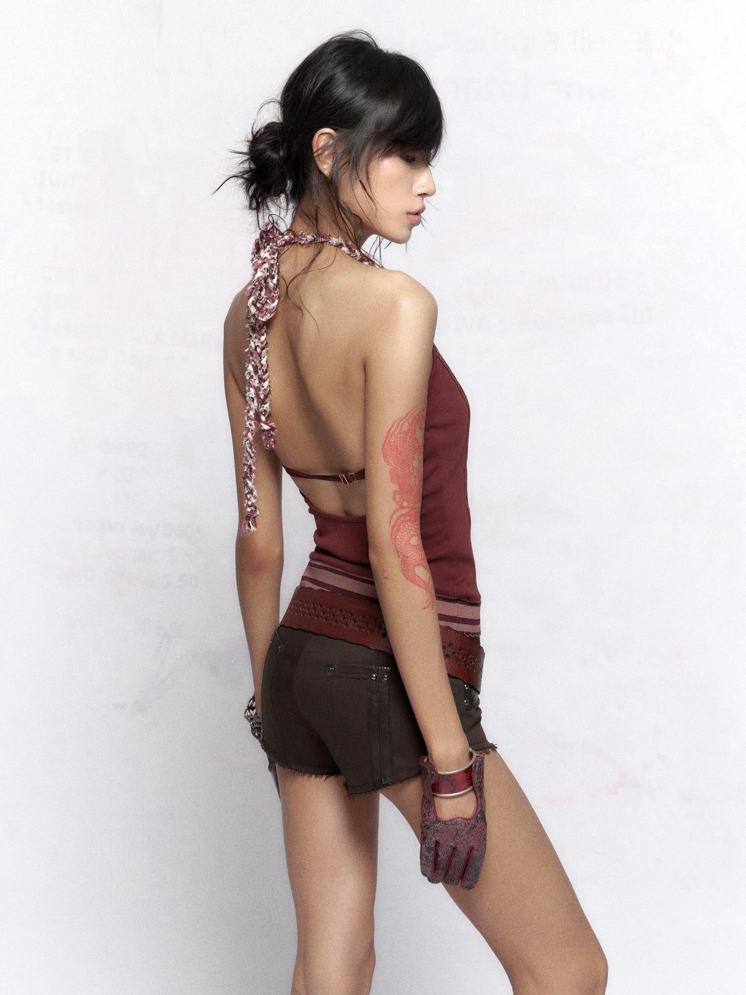 Flowers birds Market Original Design Padded Halter Neck Floral Layering For Women Burgundy Camisoles