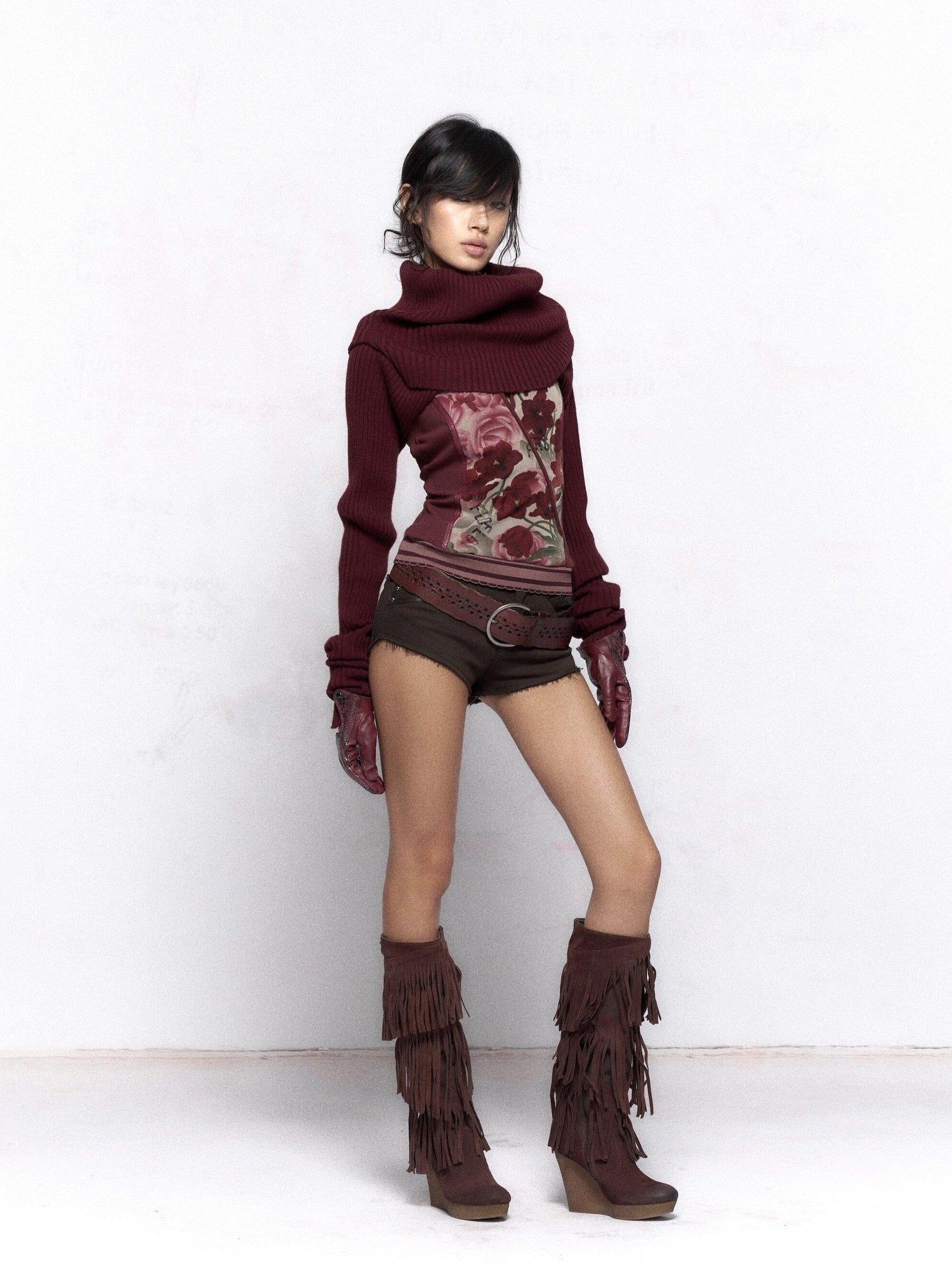 Flowers birds Market Original Design Padded Halter Neck Floral Layering For Women Burgundy Camisoles
