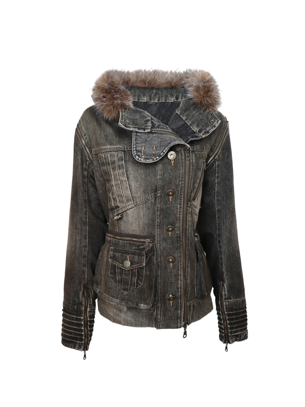 Flowers_birds_Market_Padded_Distressed_Hooded_Shearling_Collar_Slim_Street_Zip_Denim_Jackets_MISSTT