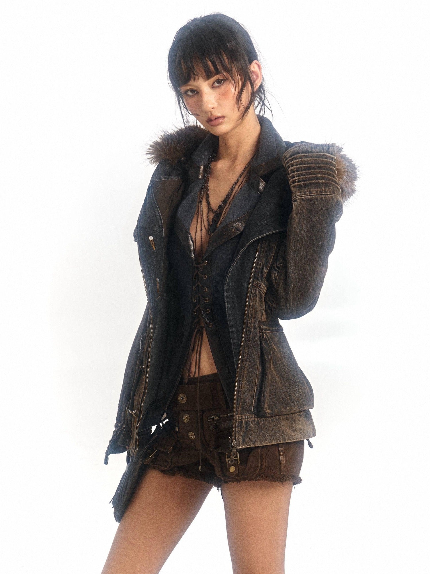 Flowers birds Market Padded Distressed Hooded Shearling Collar Slim Street Zip Denim Jackets