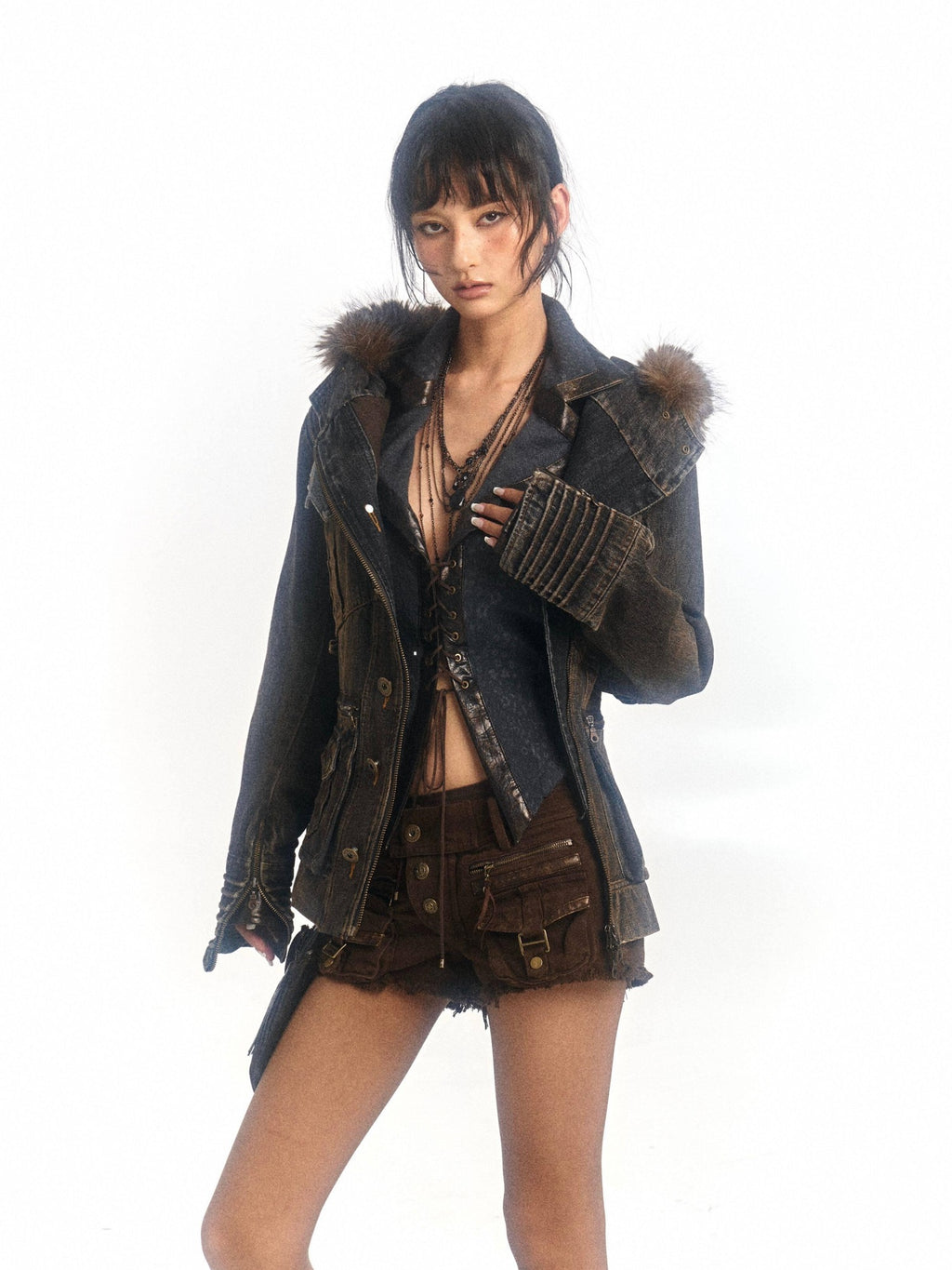 Flowers birds Market Padded Distressed Hooded Shearling Collar Slim Street Zip Denim Jackets